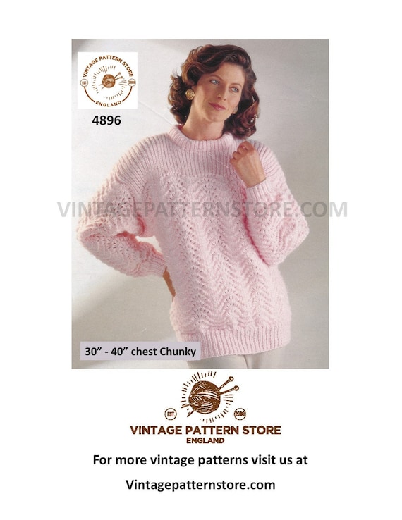 90s Chunky Sweater Knitting Pattern: Scallop Lace, Dolman Sleeves