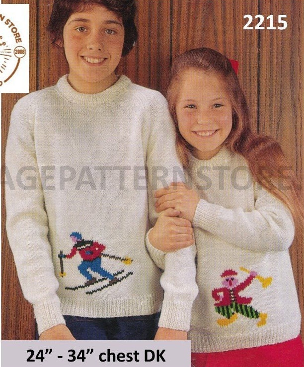 Boys Girls 70s Vintage Intarsia Ski Skier And Clown Motif