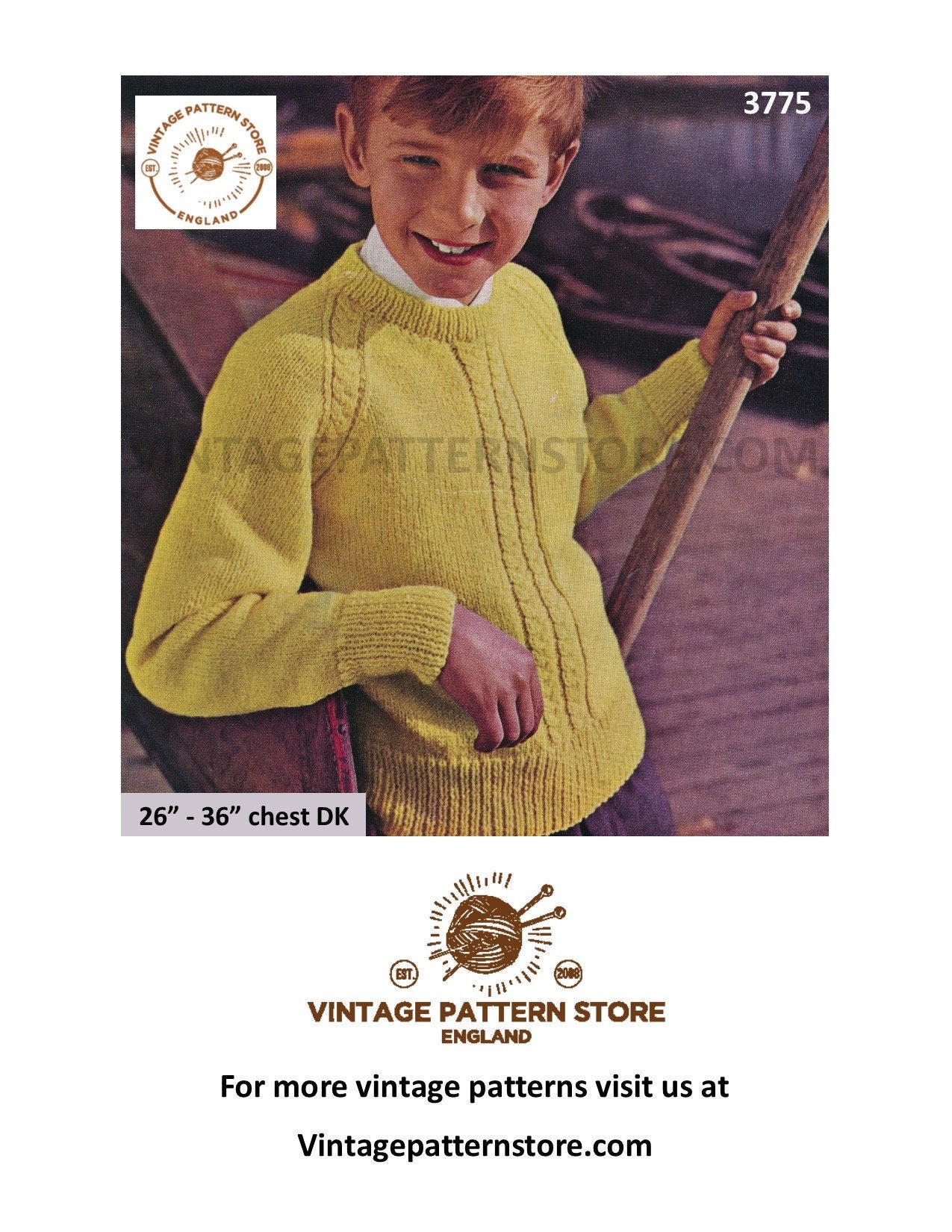 Boys 70s vintage crew neck cable panel cabled raglan DK sweater jumper ...