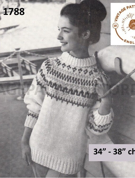 Ladies Womens Mens 50s vintage polo neck fair isle yoke yoked DK dolman Christmas  sweater jumper pdf knitting pattern 36 to 42 Download 2