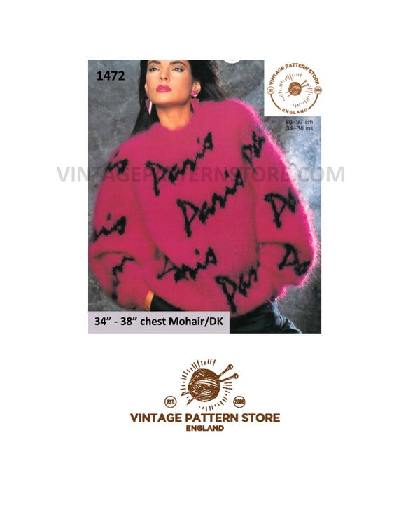 90s Mohair Paris Sweater Knitting Pattern, Dolman Sleeve (PDF Pattern) 34"-38" Bust