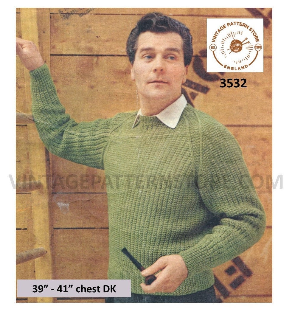 Mens Mans 50s vintage DK easy to knit crew neck raglan sweater jumper ...