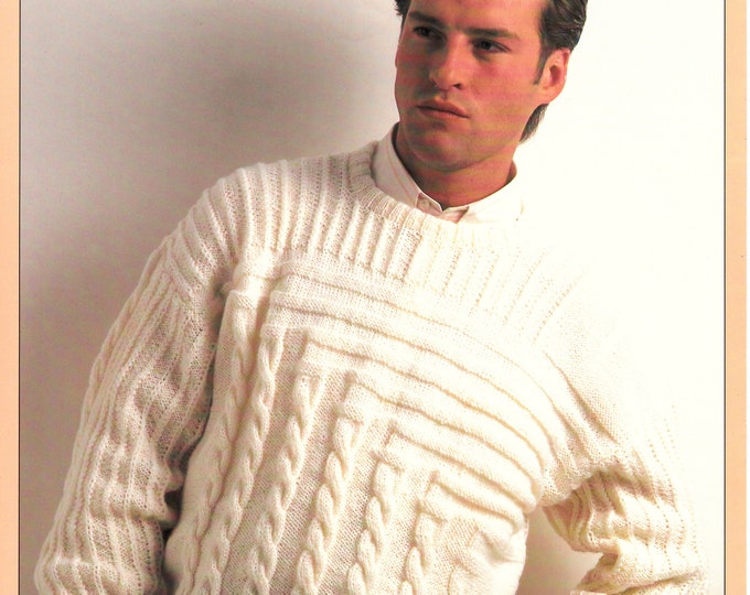 Original Knitting Pattern Sunbeam 1293 Mens Mans 90s crew neck cable cabled drop shoulder DK dolman sweater jumper pattern 38" to 44" chest