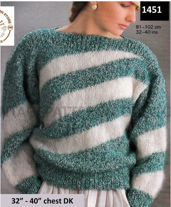 Ladies 90s Sweater Knitting Pattern Slash Neck Drop Shoulder Diagonal Stripes Dolman Sweater Pattern 32 40 Chest Pdf Download 1451