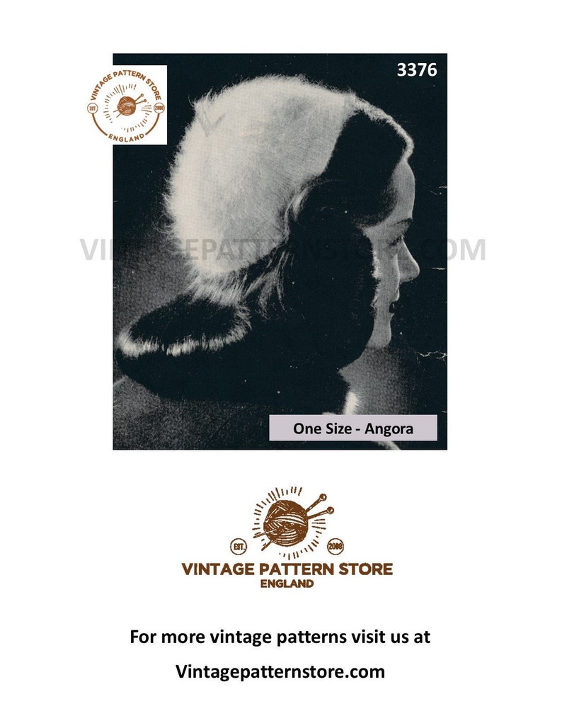PDF Download 3376 Ladies 40s angora hat pattern Ladies Womens 1940s Angora calot hat knitting pattern One Size