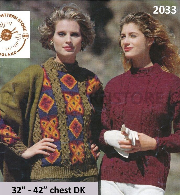 vintage ladies cable sweater knitting pattern pdf ladies bobble stitch jumper crew neck 32-42 DK light worsted 8ply pdf Instant download