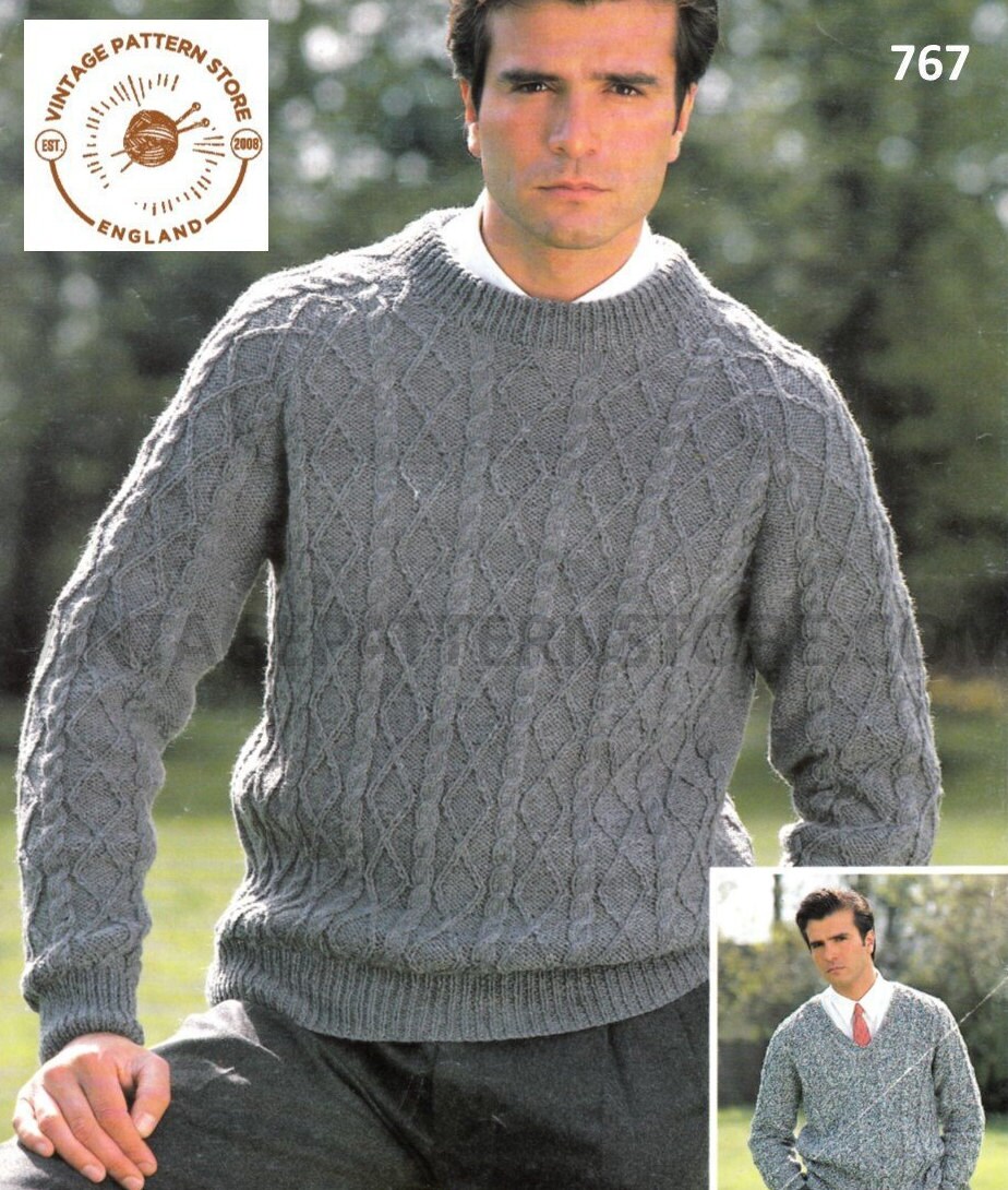 Mens Mans 90s V or round neck cable cabled raglan DK sweater jumper pdf ...