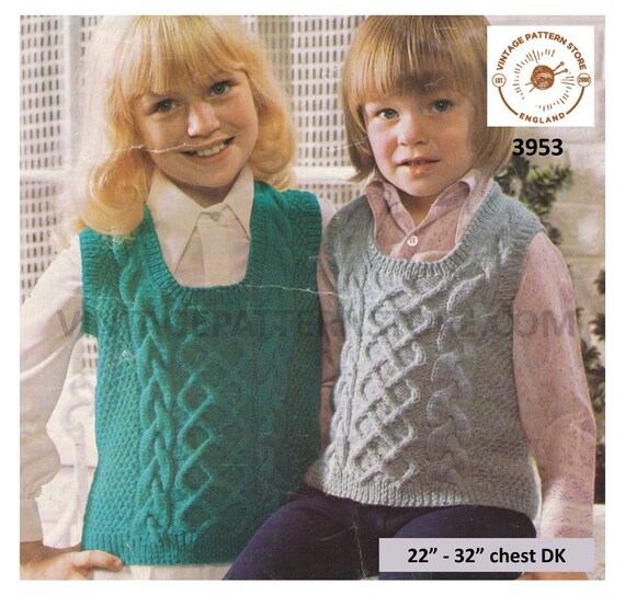 Childrens Cable Vest Knitting Pattern, DK Scoop Neck 22-32