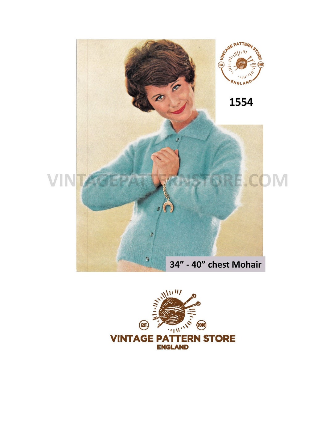 50s Mohair Cardigan Knitting Pattern, Raglan Collar (34-40