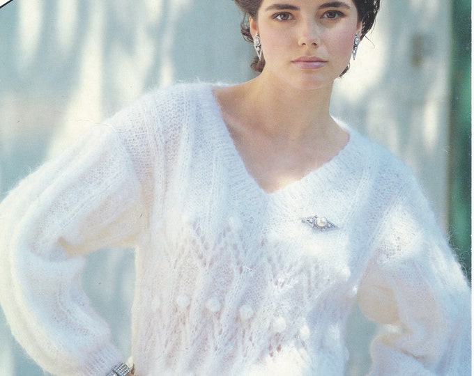 Knitting pattern Ladies mohair sweater, 90s V neck drop shoulder sweater, Cable & lace sweater patterns, 32" - 42" chest - Jarol 7006