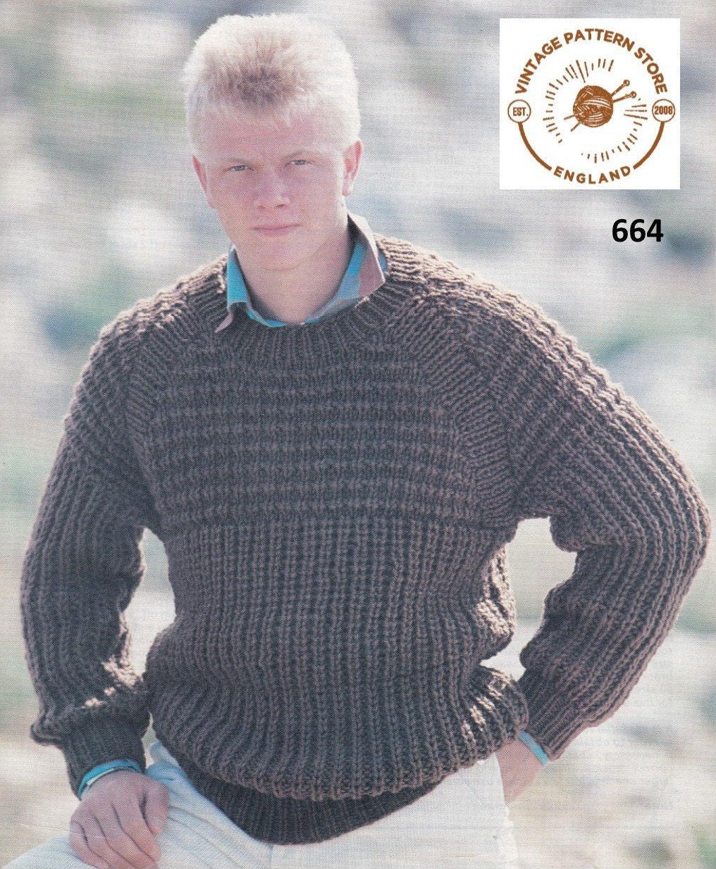 Mens Knitting Pattern K5809 Mens Round or Button Neck Rib and