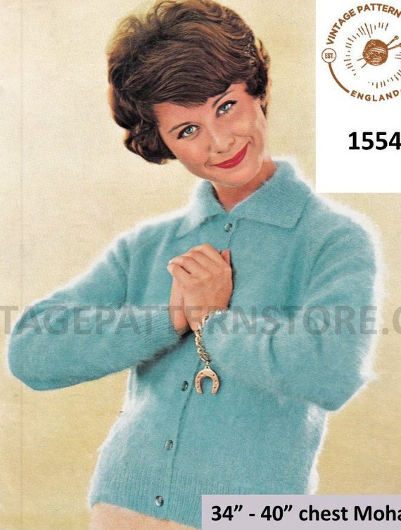 50s Mohair Cardigan Knitting Pattern, Raglan Collar (34-40