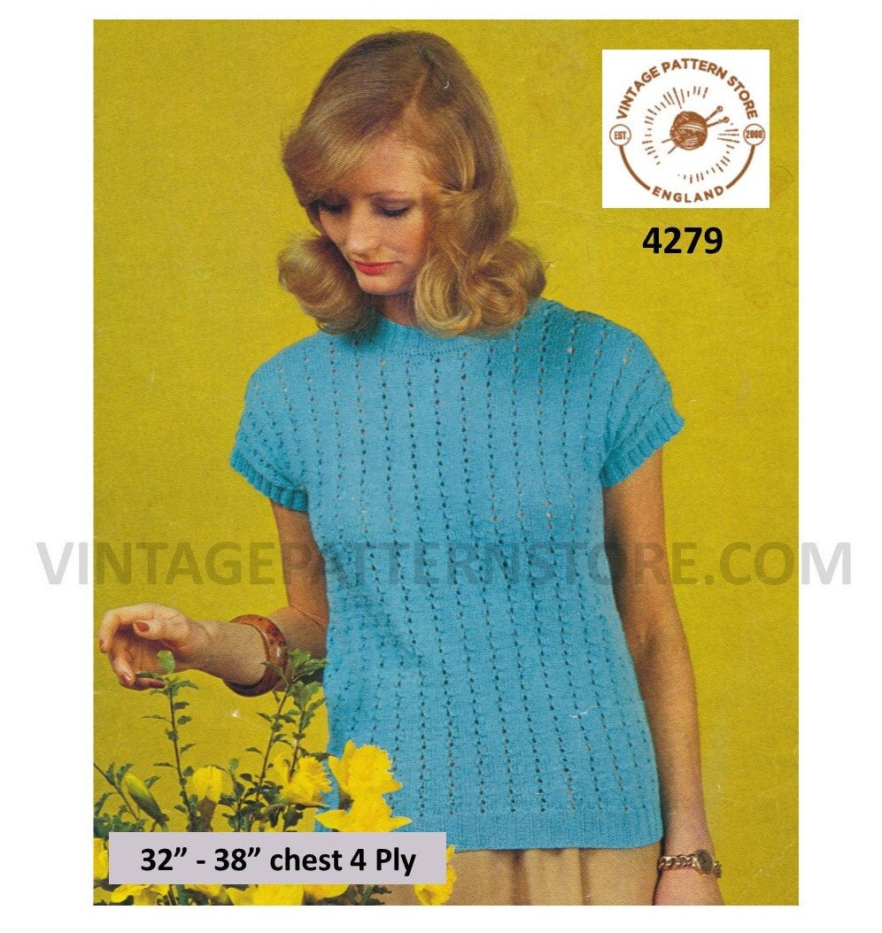 Womens 70s 4 ply round neck lacy lace striped cap sleeve slipover ...