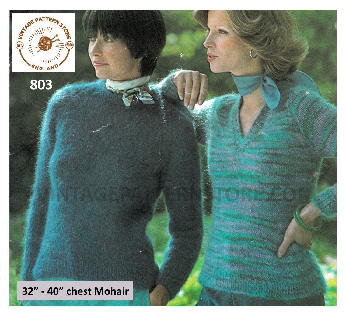 Ladies Womens 70s vintage simple & easy to knit V or round neck raglan ...