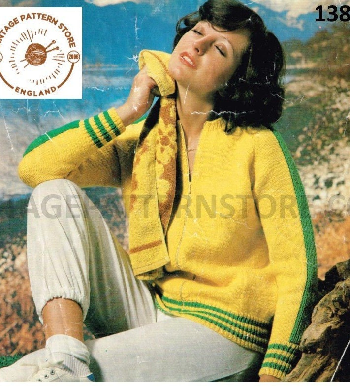 Ladies Womens 70s vintage DK crew neck raglan sports jacket track suit top cardigan  pdf knitting pattern 34 to 40 chest PDF Download 138