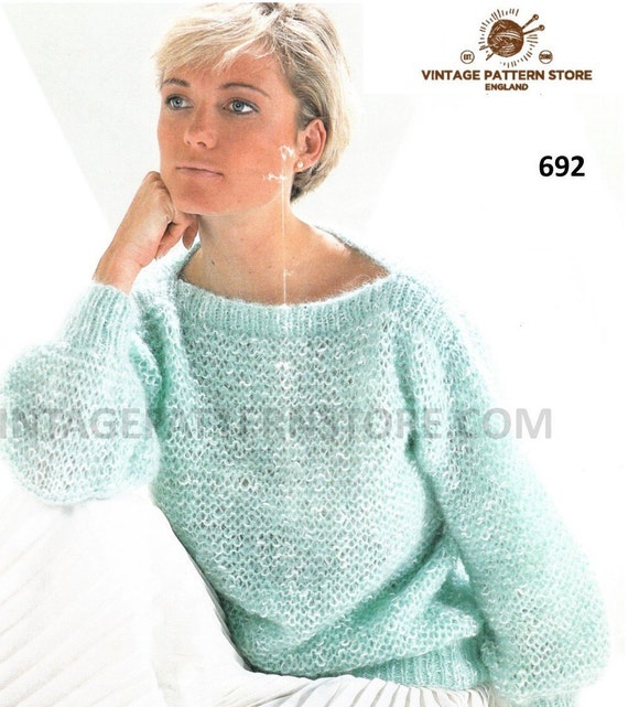 Ladies Womens 90s Easy To Knit Slash Neck Drop Shoulder Aran Sweater Jumper Pdf Knitting Pattern 28 To 40 Chest Instant Pdf Download 692