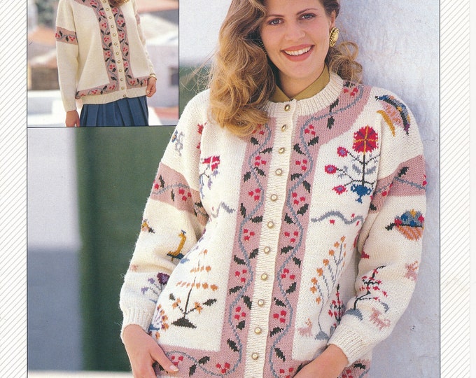 Original Pattern Jaeger 6491 Ladies Womens 90s DK round neck floral Intarsia drop shoulder dolman cardigan knitting pattern 30" to 44"