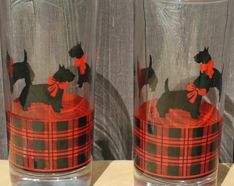 1960s drinking glasses, Scottie Dog, Tartan Plaid, Mid Century bar ware, tall tumbler, Fitz