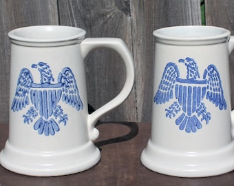 Blue Eagle Tankards, set of 2 stoneware steins, Patriotic, Pfaltgraff USA