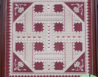 Bordado vintage, tapiz, encaje de los Habsburgo, enmarcado, 16 x 16, rojo carmesí