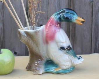 Maceta/jarrón vintage con forma de pato, cerámica con forma de pato real de Royal Copley, MCM, decoración de cabaña