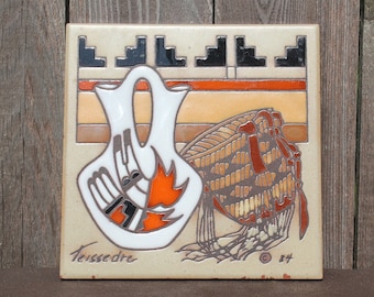 Azulejo de cerámica vintage Cleo Teissedre, decoración del suroeste, nativo americano, firmado, 6" x 6"