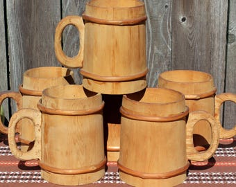 Vintage wooden mugs, Finland, birch, rustic, set of 6, handmade