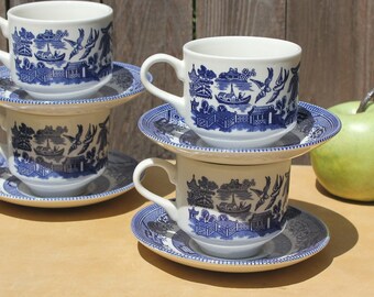 Juego de 4 tazas y platillos vintage Blue Willow, Churchill, fabricados en Inglaterra