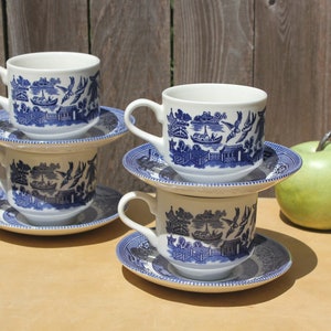 Vintage Blue Willow Cups + Saucers, set of 4, Churchill, Made in England