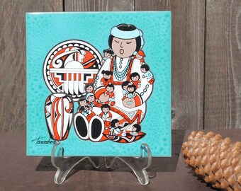 Azulejo cerámico VTG Cleo Teissedre, decoración del suroeste, nativo americano, turquesa, firmado 6" x 6"