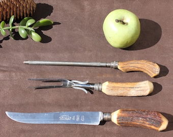 Vintage carving set, stag horn, antler, Sheffield, nod to nature