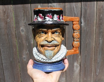 Vintage Beer Stein, Hand painted face, Italian nobleman, renaissance man, heavy ceramic, 1 liter
