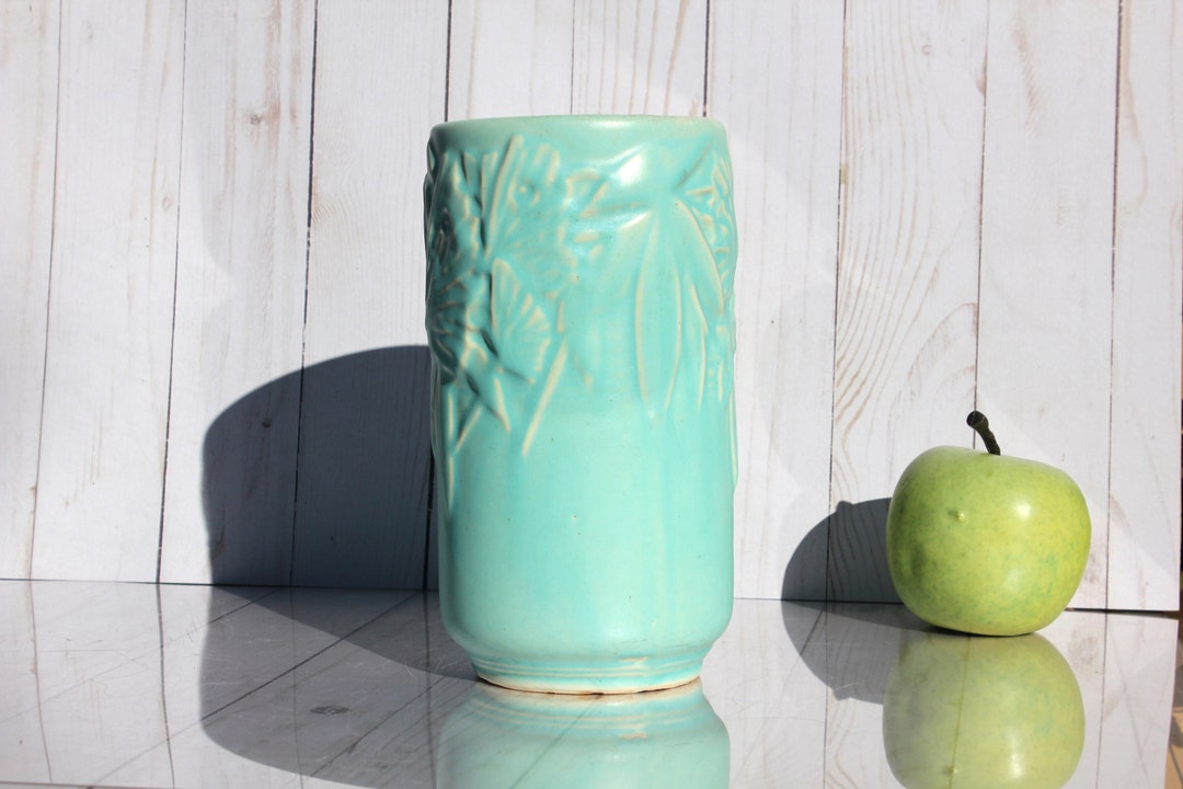 1940s Mccoy Vase, Aqua Turquoise Green, 8 Inch Tall, Butterfly Vase