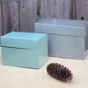 Vintage Gray Metal Card Box: Hinged Industrial Office Storage