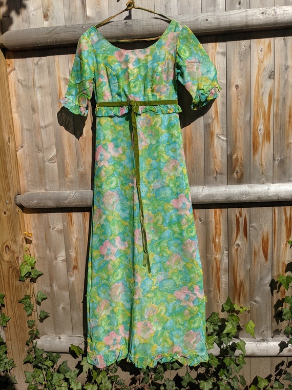 Vintage 1960s dress, 6/8, chartreuse floral, full… - image 5