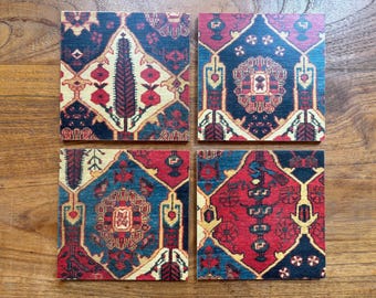 Vintage Rug Pattern Wood Coasters Set, Persian Pattern, Moroccan Geometric Pattern, Drink Mat