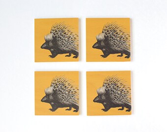 Yellow Wooden Coaster Set, Porcupine Drink Coaster, Woodland Animal Coffee Table Coaster, Hostess Gift, Home Accessories, Tabletop Decor