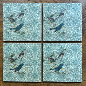 Wild Bird Printed Wood Coaster Set, Aqua Blue Arabesque Pattern