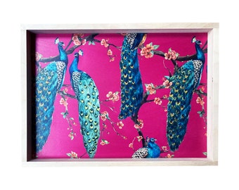 Magenta Peacock Wood Serving Tray, Tropical Jewel Tone Print