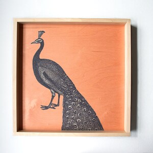 Peacock Wooden Tray, Wood Serving Tray, Peach Peacock Feather, Ottoman Tray, Bird Print Decorative Tray, Hostess Gift, Tableware Decor