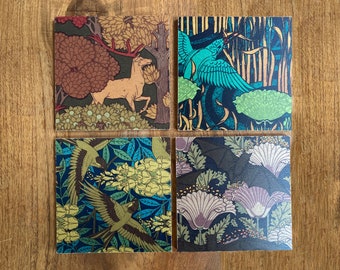 Wood Coasters Set, French Art Nouveau, Animals Prints, Plant Illustration, Botanical Prints, Hostess Gift, Drink Mat, Eco-friendly