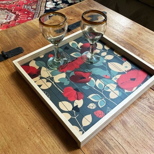 Modern Floral Square Ottoman Tray, Decorative Wood  Serving Tray