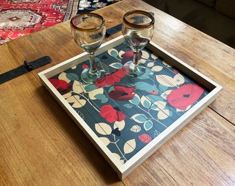 Modern Floral Square Ottoman Tray, Decorative Wood  Serving Tray