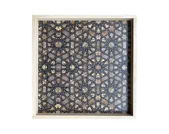 Decorative Wood Tray, Wood Serving Tray, Arabesque Mother of Pearl Print, Ottoman Geometric Pattern,  Black and White Print, Modern Print