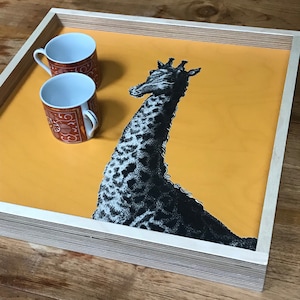 Giraffe Print, Yellow Black, Animal Print, Safari, Wood Serving Tray, Coffee Table Tray, Decorative Wood Tray, Hostess Gift, Ottoman Tray