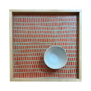 Modern Mid Century Printed Cellular Pattern Wood Serving Tray, Light Blue and Orange