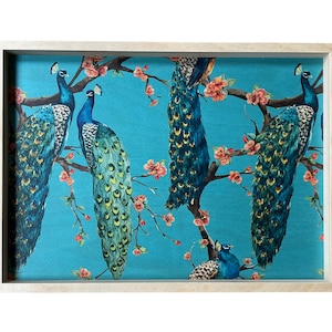 Turquoise Blue, Peacock Print, Bird Print, Hostess Gift, Tropical Birds, Serveware, Wood Serving Tray, Decorative Wood Tray, Ecofriendly