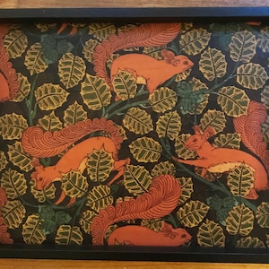 Orange Squirrel Print Wood Tray, Woodland Animal Print Serving Tray, Breakfast Tray, Rectangular Ottoman Tray, Hostess Gift, Decorative Tray