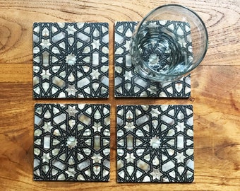 Arabesque Wood Coaster Set, Mother of Pearl Background, Moroccan Pattern, Wood Coaster Set, Drink Coaster, Hostess Gift