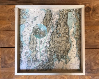 Narragansett Bay Map Printed Wood Serving Tray, Rhode Island Nautical Decor,
